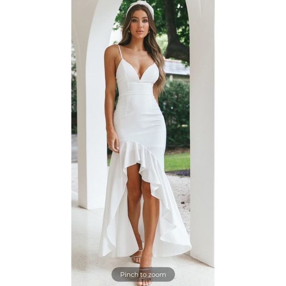 NWT Selfie Leslie White Maxi Mermaid Dress Plunge Slit Ruffles Cocktail Small - Picture 3 of 13